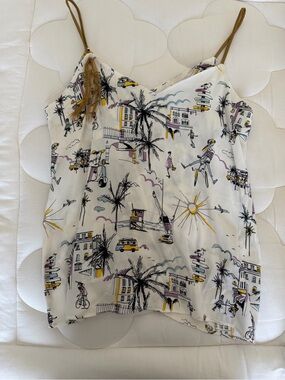 Cop.Copine White Printed Camisole with Yellow, Black & Brown Details